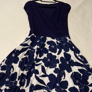 Navy wrap dress with navy and white floral bottom
